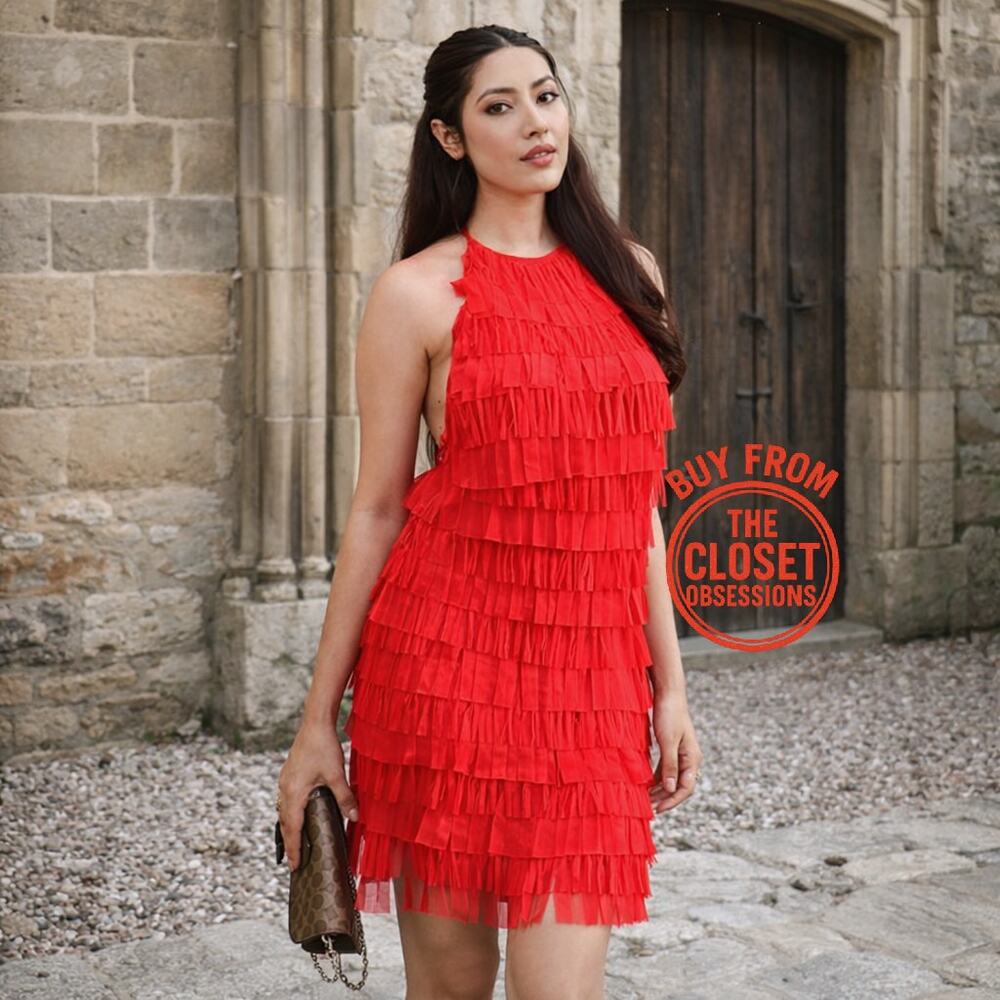 Zara Red Fringe Halter Mini Dress Party Vacation Dress NWT